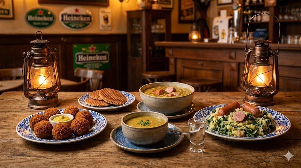 Holandska kuhinja Ajndhoven — bitterballen, stroopwafel, erwtensoep, stamppot, tradicionalni bruin café
