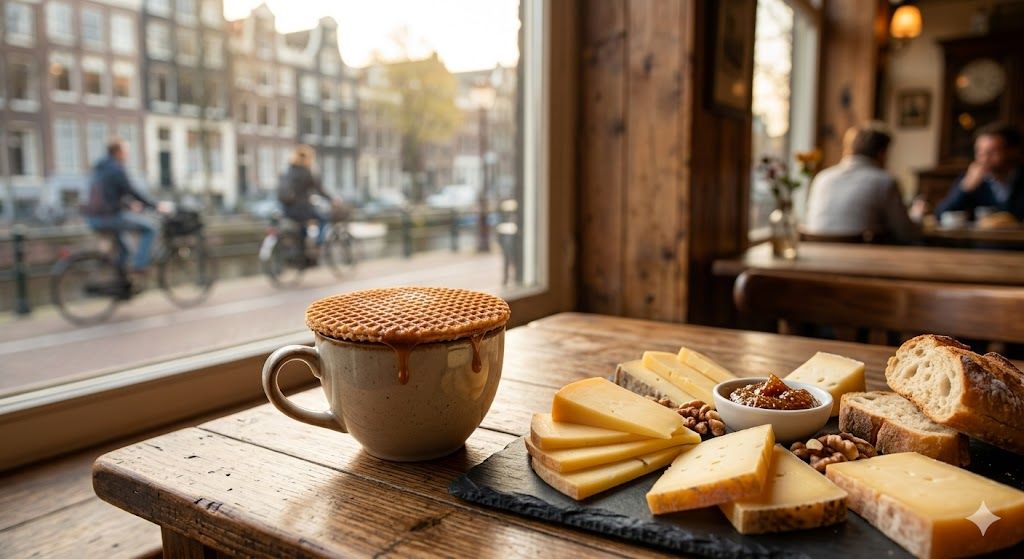 Holandski specijaliteti Amsterdama — stroopwafel, poferćes palačinke, holandski sir, ulična riba haring, smeđi kafei