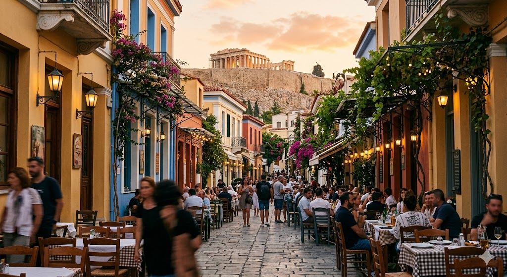 Plaka kvart u Atini ispod Akropolja — uske uličice, kuće sa cvećem, taverne