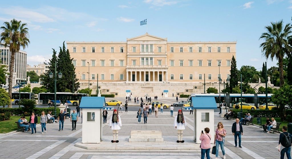 Trg Sintagma u Atini — grčki parlament, smena straže Evzoni, centar grada