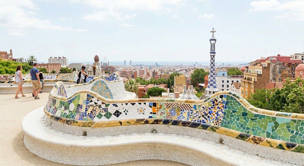 Park Güell u Barseloni — Gaudijev park sa mozaicima, terasa, pogled na grad i more
