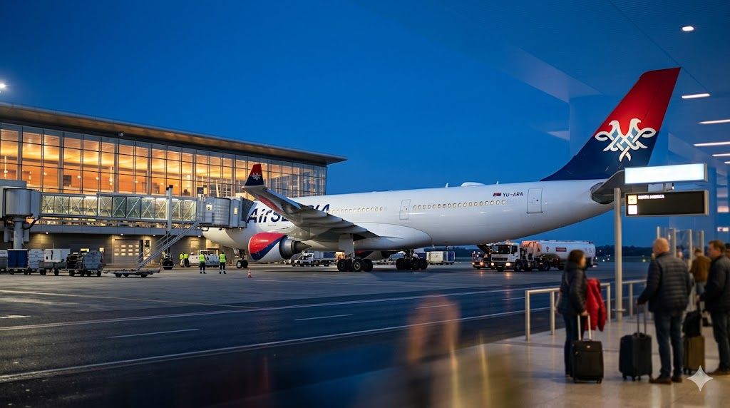 Air Serbia Airbus A330 na gejtu — direktan let Beograd–Čikago ORD