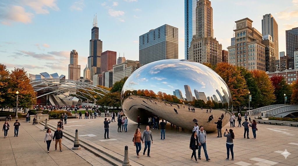 Millennium Park Čikago — Cloud Gate skulptura odražava skajlajn