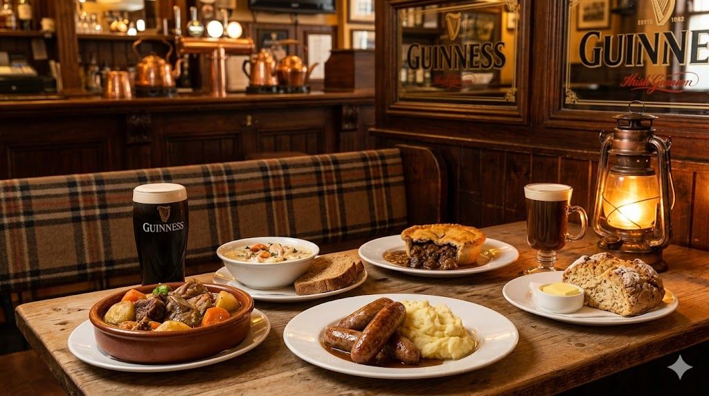 Irska kuhinja Dablin — Irish stew, bangers and mash, Guinness pie, soda bread, Irish coffee, tradicionalni pub
