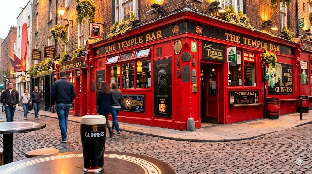 Temple Bar Dublin pubovi — crveni viktorijanski pub, kaldrma, Guinness pivo, irska tradicionalna muzika, večernja atmosfera
