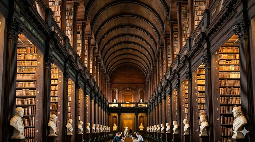 Trinity College Dublin Long Room — najstarija biblioteka Irske, Book of Kells, drveni stubovi, 200000 starih knjiga