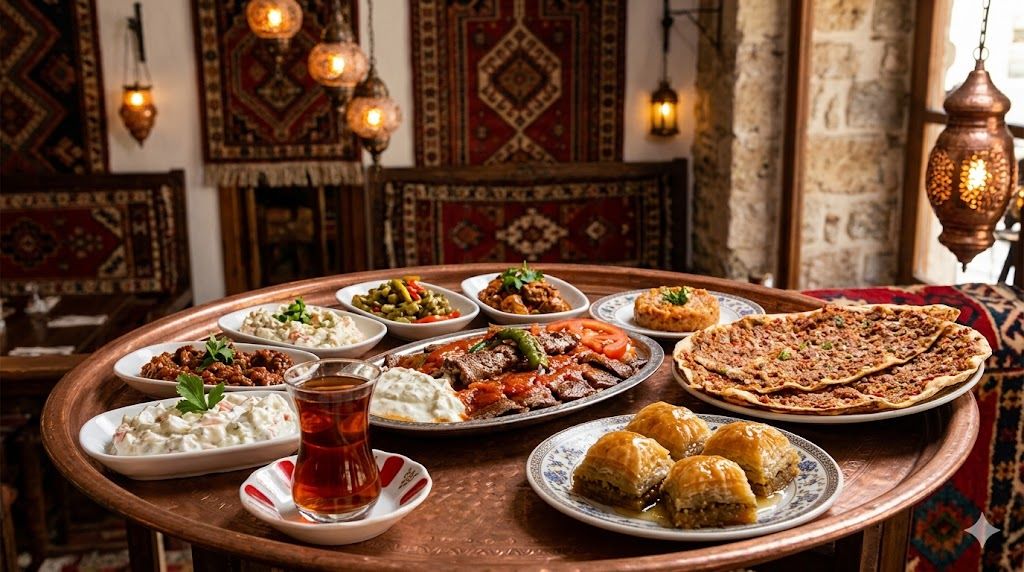 Tradicionalni turski meze sa Iskender kebabom i baklavom servirani u restoranu u Antaliji