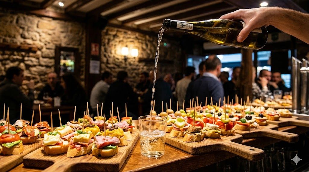 Tradicionalni baskijski pintxos sa txakoli vinom u baru u Bilbao