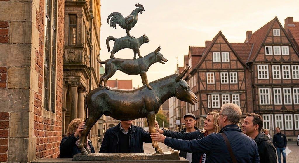 Brončana statua Bremenskih muzikanata sa magarcem psom mačkom i petlom uz Rathaus