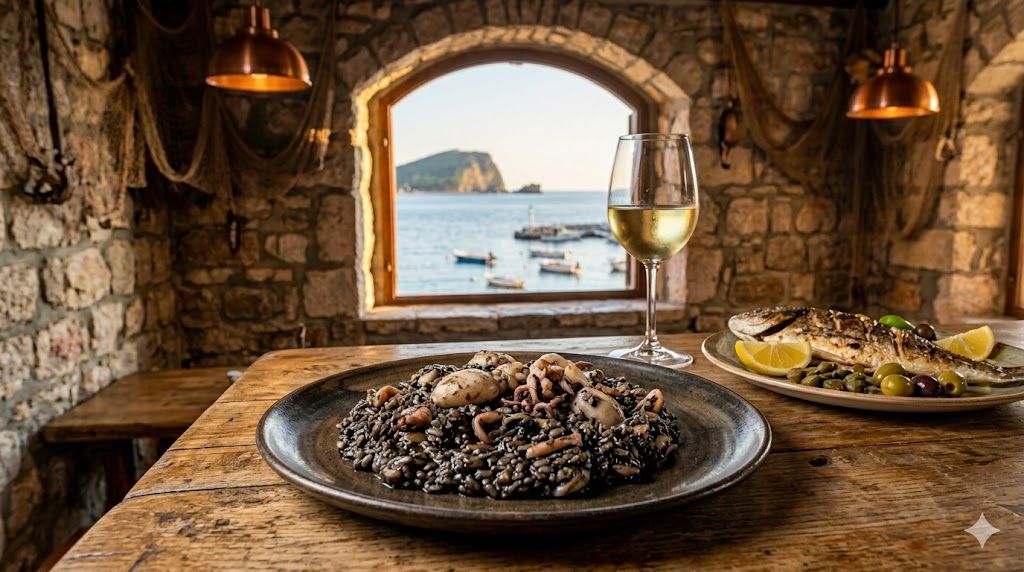Crni rižoto Budva morski plodovi Krstač vino