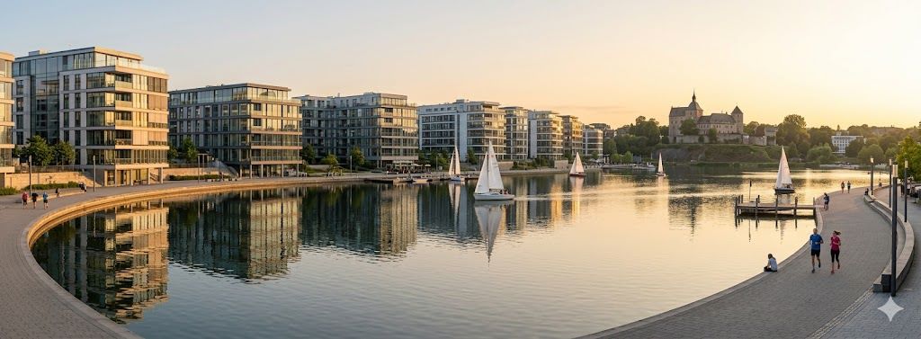 Phoenix-See veštačko jezero u Dortmundu sa modernim zgradama i jedrilicama u zlatnom satu