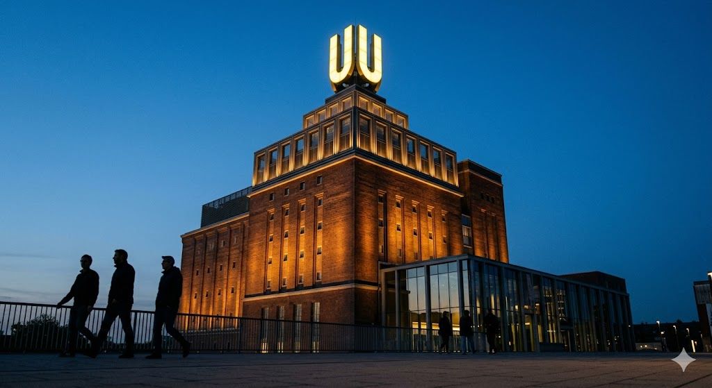Dortmund U-Tower sa žutim slovom U osvetljen u plavom satu nad gradom