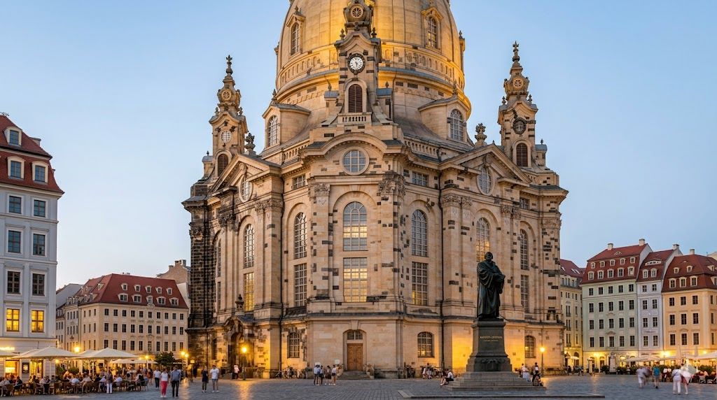 Frauenkirche u Drezdenu sa rekonstruisanom kupolom sa originalnim i novim kamenovima