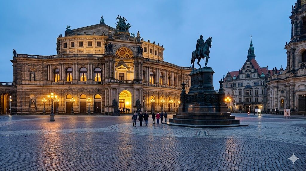 Semperoper opera u Drezdenu sa Theaterplatz-om i statuom kralja Johanna u plavom satu