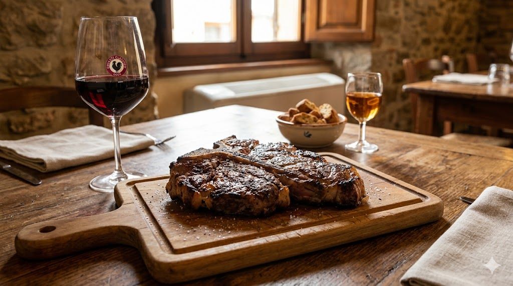 Tradicionalna bistecca alla Fiorentina sa Kjanti vinom u firentinskoj tratoriji