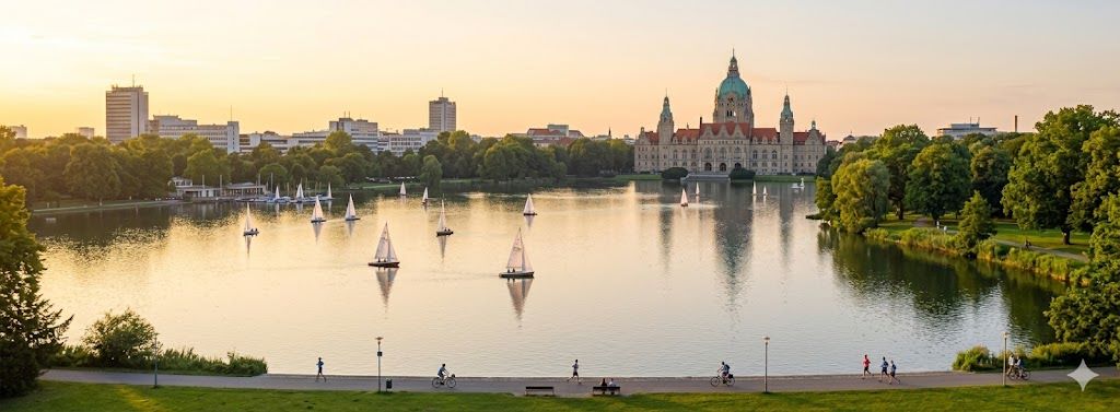 Jezero Maschsee u Hanoveru sa jedrilicama i Neues Rathaus kupolom u zlatnom satu