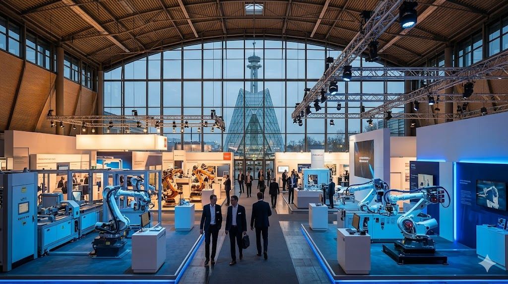Hannover Messe industrijski sajam sa Hermes Tower-om i poslovnim posetiocima u izložbenoj hali
