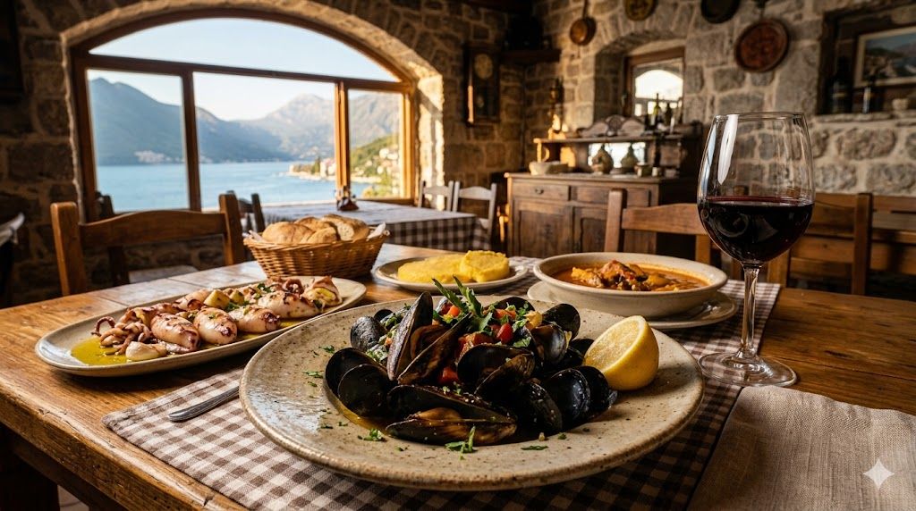 Boka buzara Herceg Novi morski plodovi vino
