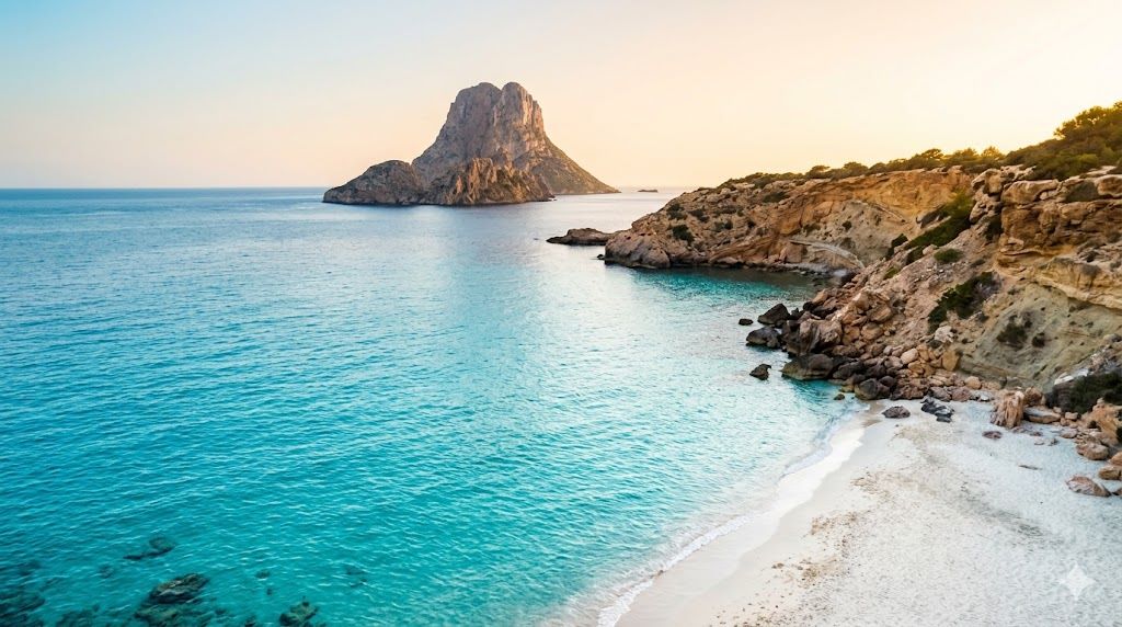Plaža Cala Comte sa pogledom na Es Vedrà na Ibizi