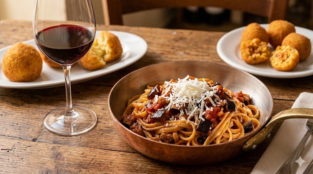 Pasta alla Norma sa patlidžanom i ricotta salata sirom u kataniskom restoranu