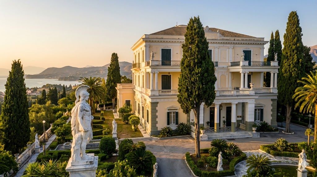 Achilleion palata — vila austrijske carice Sisi, neoklasična arhitektura, Krf