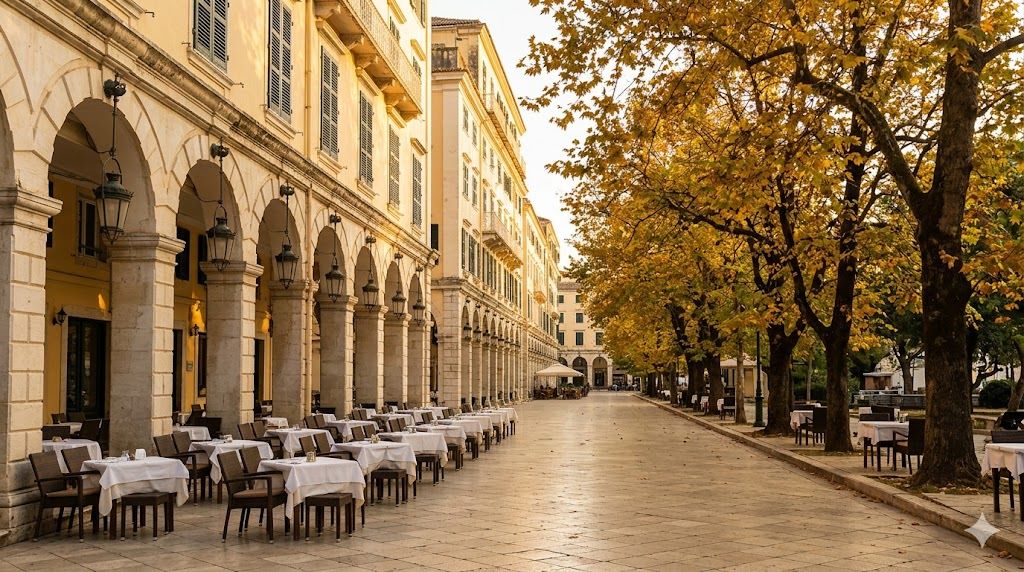 Liston promenada — venecijanska arkadna ulica, UNESCO Stari grad Krf
