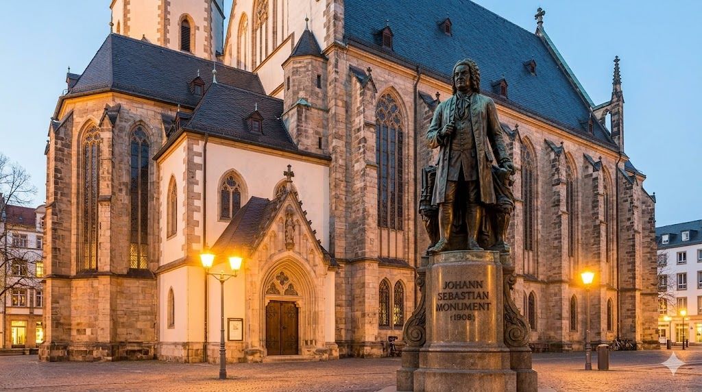 Thomaskirche u Lajpcigu sa bronzanim spomenikom Johanna Sebastiana Baha u zlatnom satu