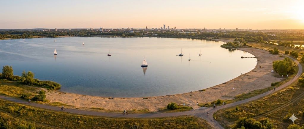 Cospudener See jezero u Leipziger Neuseenland sa peščanom plažom i jedrenjacima u zlatnom satu