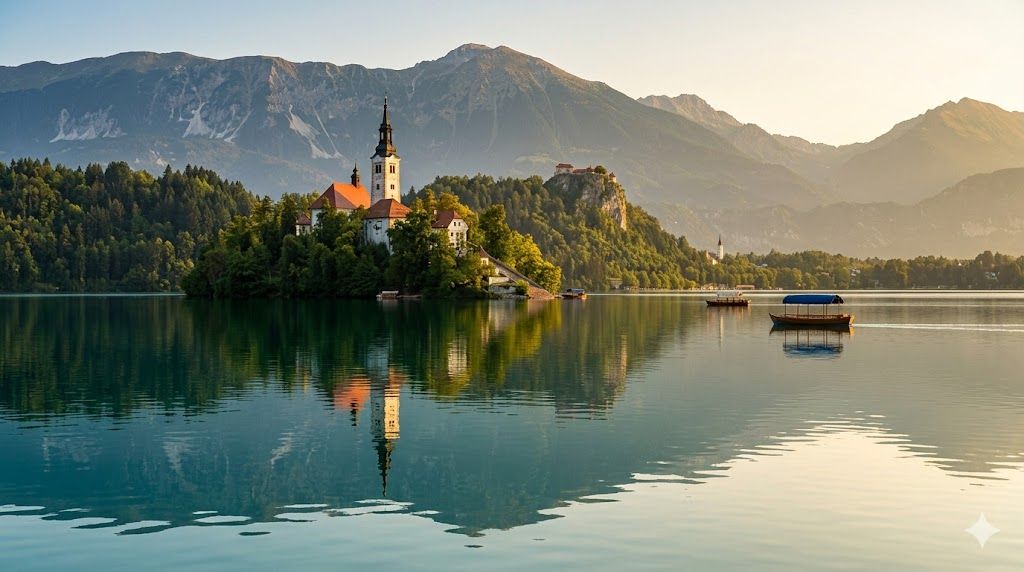 Bledsko jezero sa ostrvom i crkvom u Sloveniji ispod Julijskih Alpa