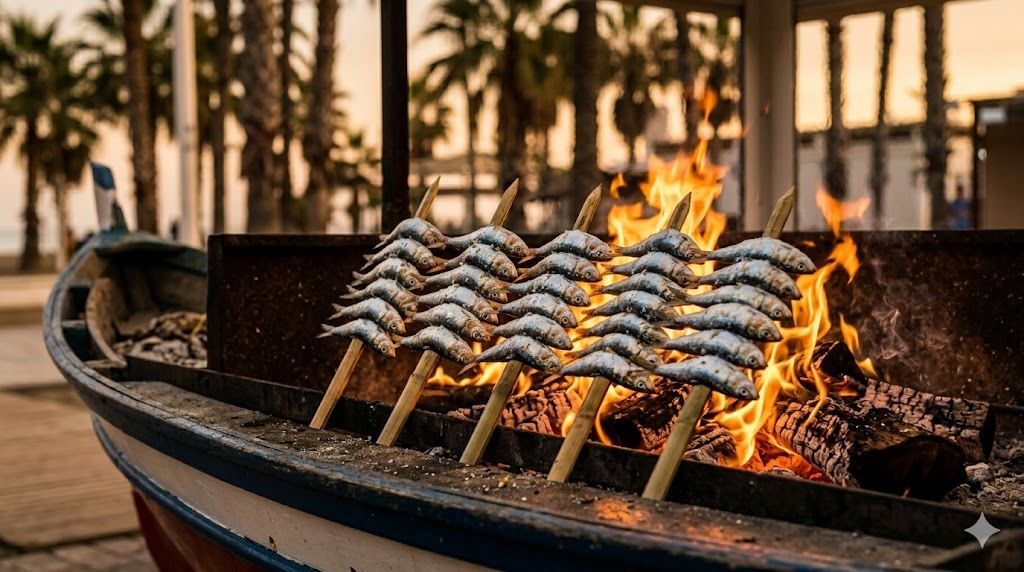 Espetos — sardine na ražnju pečene na otvorenoj vatri u barci na plaži, andaluzijska kuhinja
