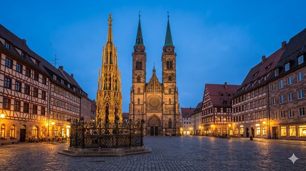 Hauptmarkt u Nirnbergu — Šener Brunen gotska fontana, Frauenkirhe, Stari grad, tvrđava Kajzerburg