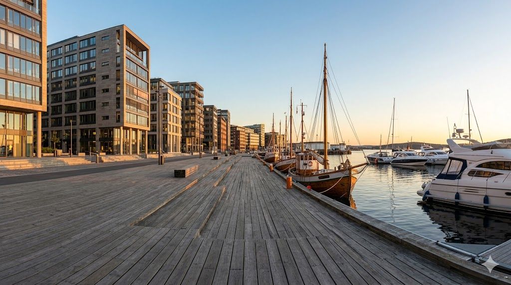 Aker Brige u Oslu — moderno šetalište uz vodu sa marinom i restoranima, Oslofjord