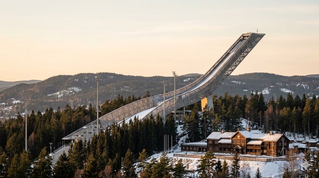 Holmenkolen skijaška skakaonica iznad Osla — panorama grada i fjorda, nordijsko nebo