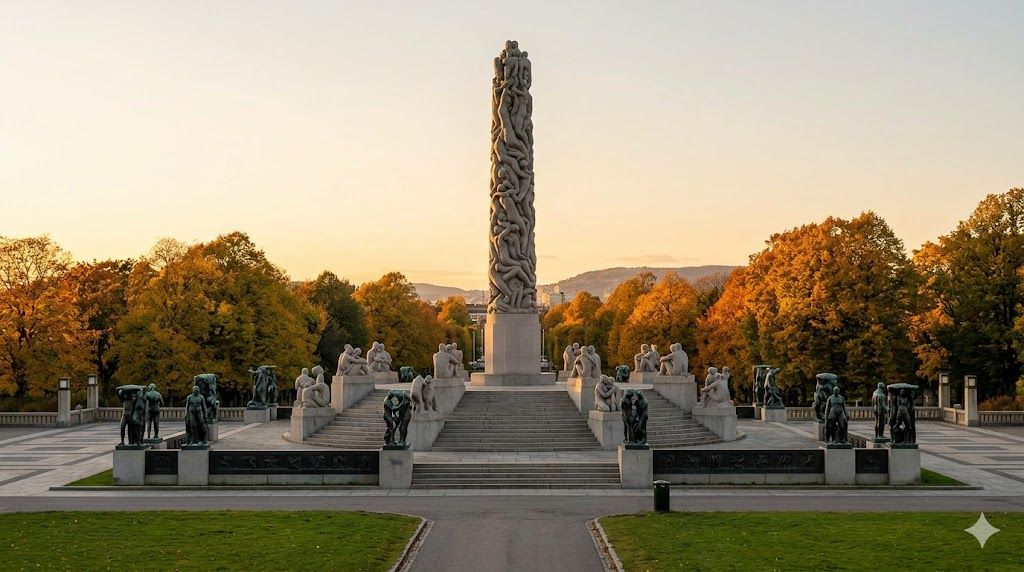 Vigelandov park skulptura u Oslu — bronzane i granitne ljudske figure u zelenom parku