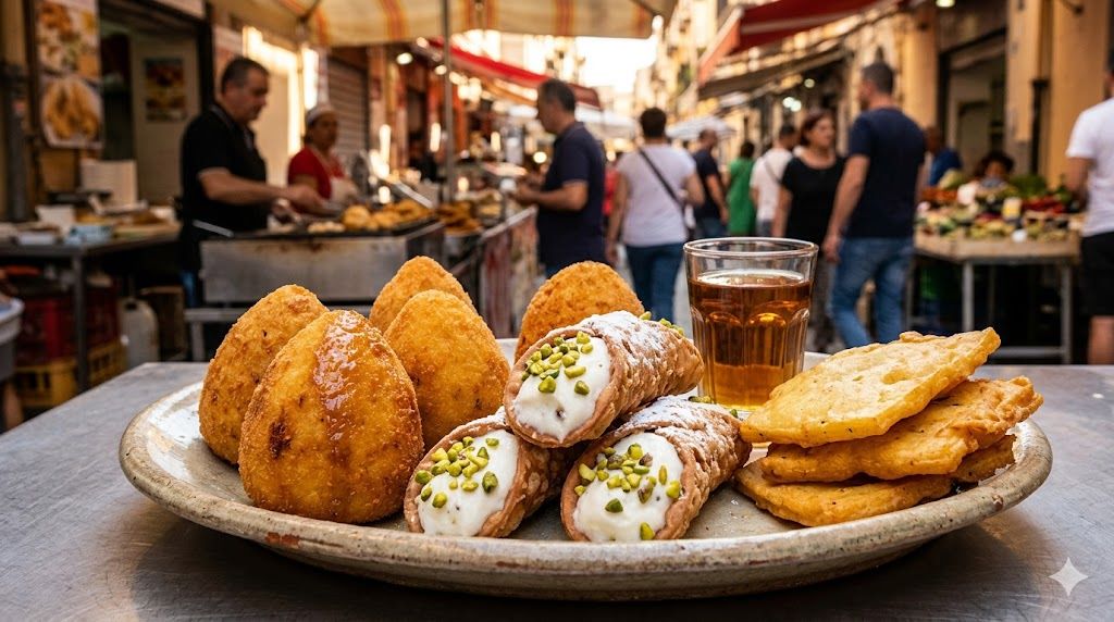 Pržene arancini lopte i cannoli sa rikotom na palermskoj pijaci Ballarò