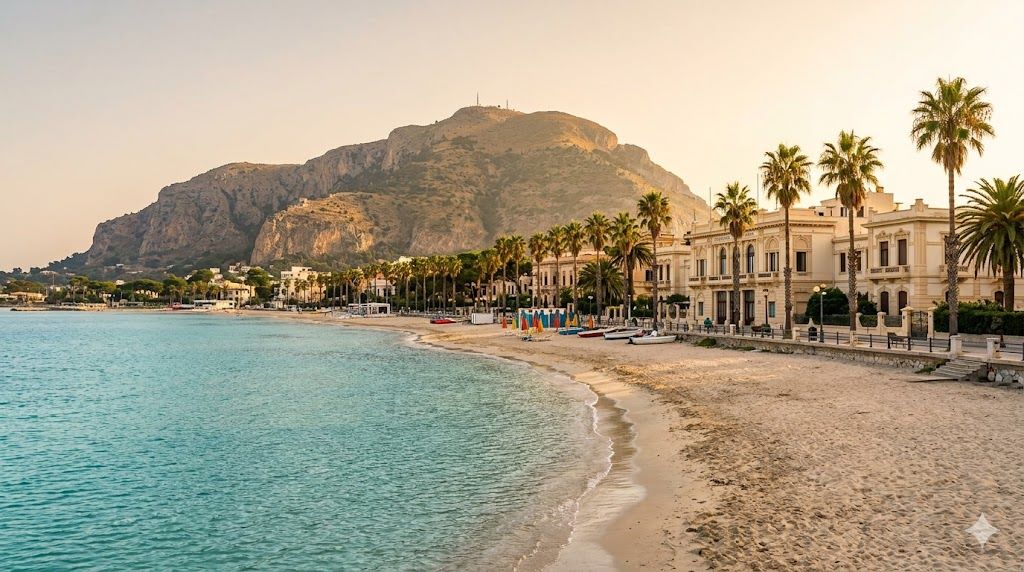 Mondello plaža sa pogledom na Monte Pellegrino kod Palerma