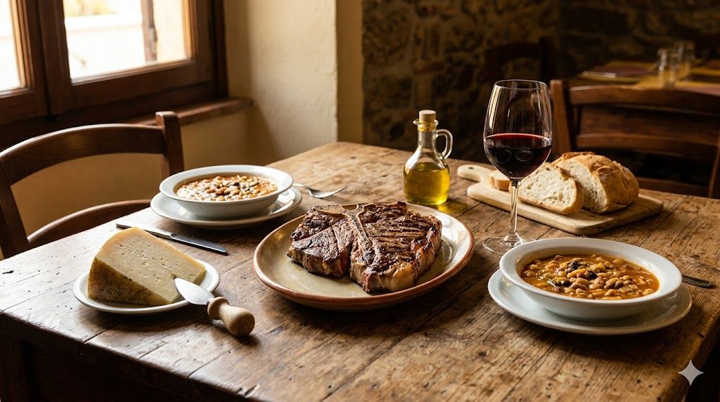 Toskanska gastronomija sa bistecca alla Fiorentina i Chianti vinom u Pisi