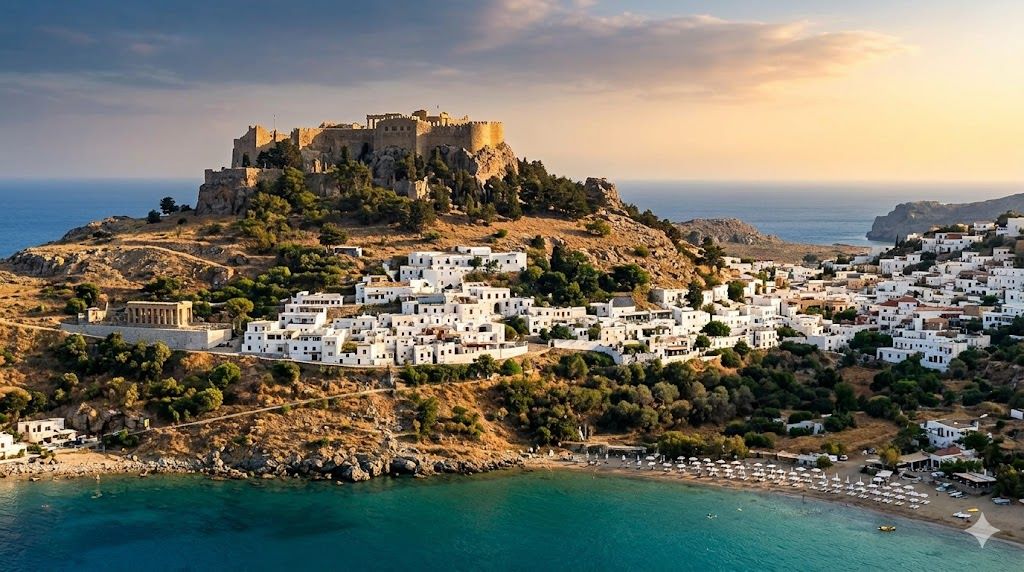 Lindos akropolj Rodos doric hram belo selo