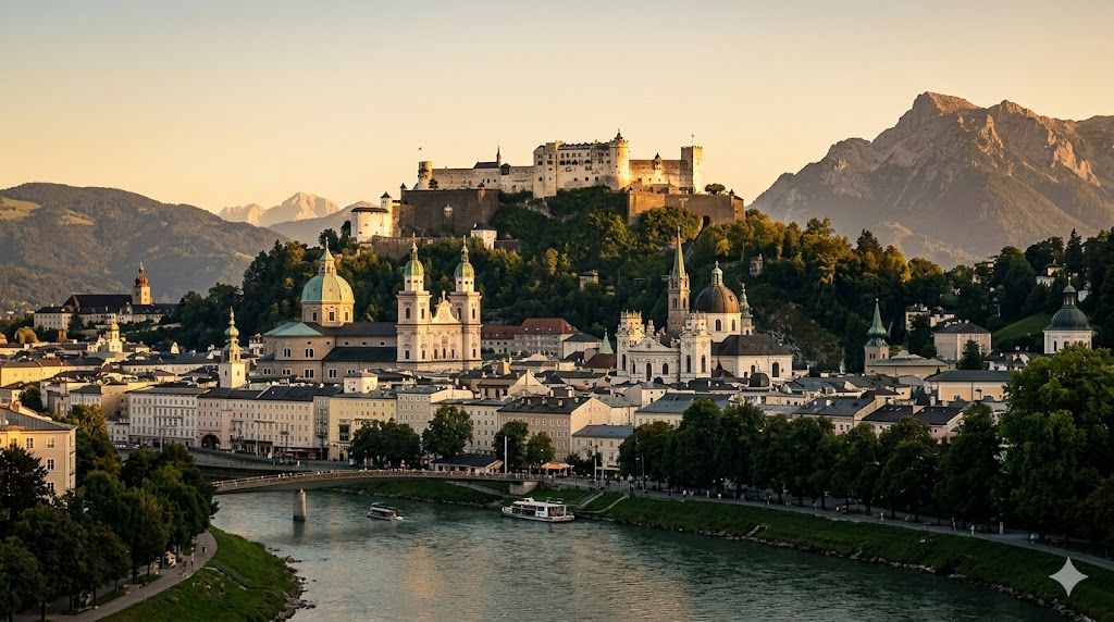 Hohensalzburg tvrđava nad Salcburgom — najveća srednjovekovna tvrđava centralne Evrope, reka Salcah, Alpe