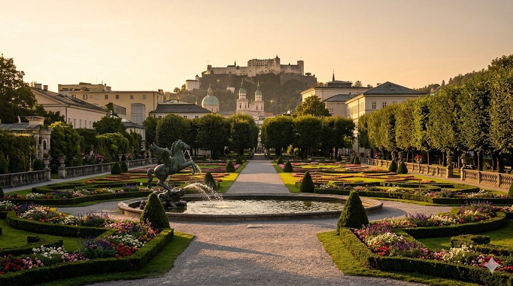 Mirabell vrtovi Salcburg — barokni vrtovi sa Pegasus fontanom, pogled na Hohensalzburg, lokacija Sound of Music