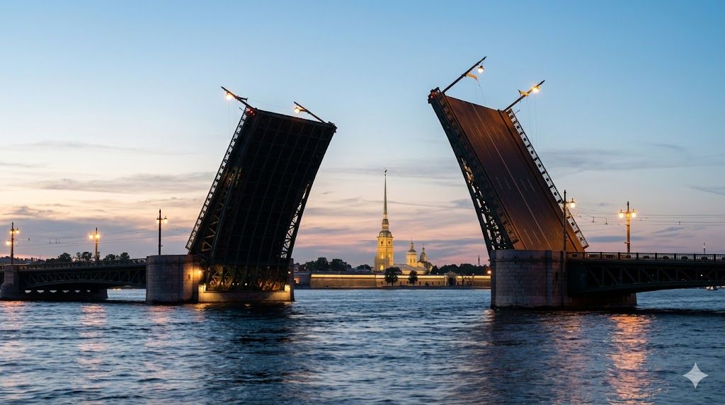Beli noći Sankt Peterburg Palace Bridge podignut nad Nevom