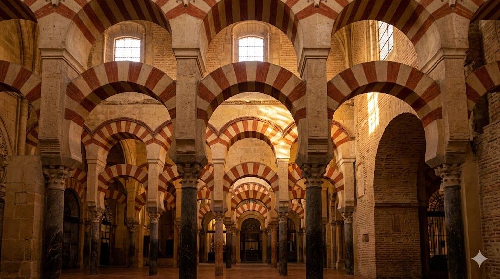 Crveno-beli lukovi Mezquita-Catedrale u Córdobi blizu Sevilje
