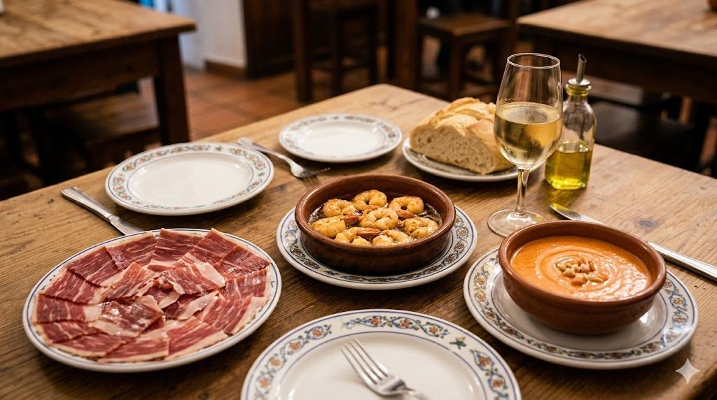 Tradicionalni andaluzijski tapasi sa jamónom ibérico i sherryjem u sevilskoj taverni