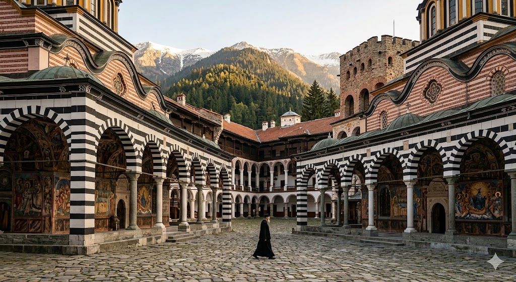 Rila manastir UNESCO sa crno-belim arkadnim trijemom i Rila planinom u pozadini