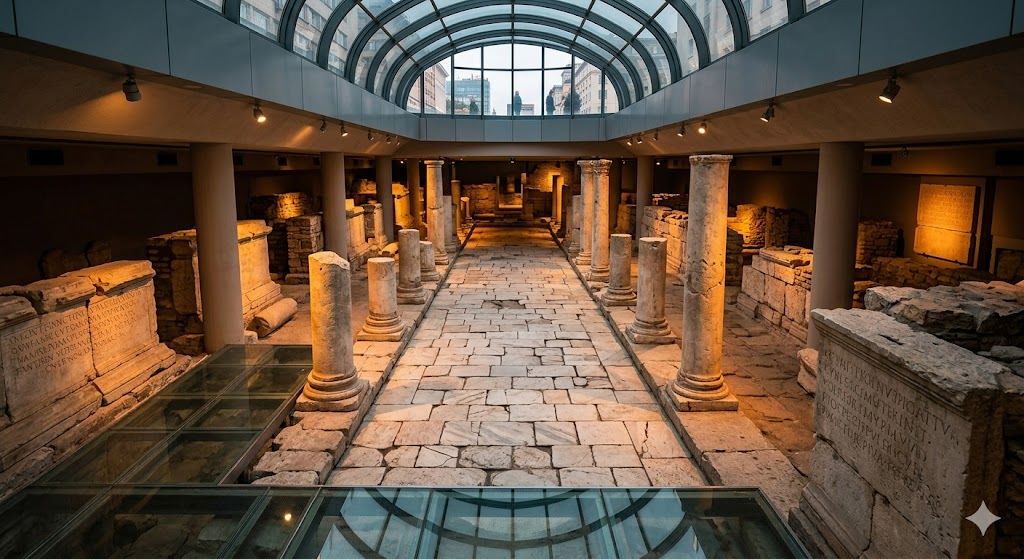 Rimske ruševine Antičke Serdike ispod centra Sofije kroz stakleni krov metro-stanice