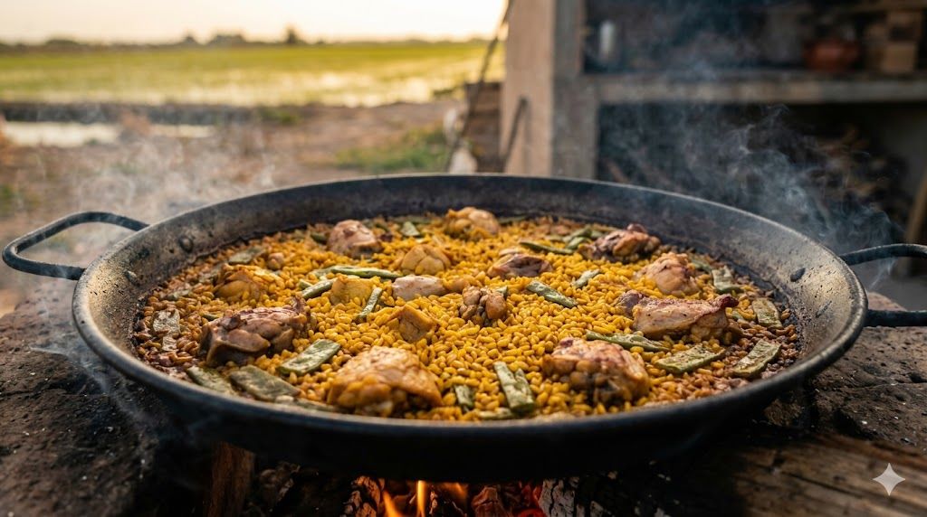 Autentična paella valenciana u tradicionalnoj tavi na otvorenoj vatri — pirinač iz Albufere