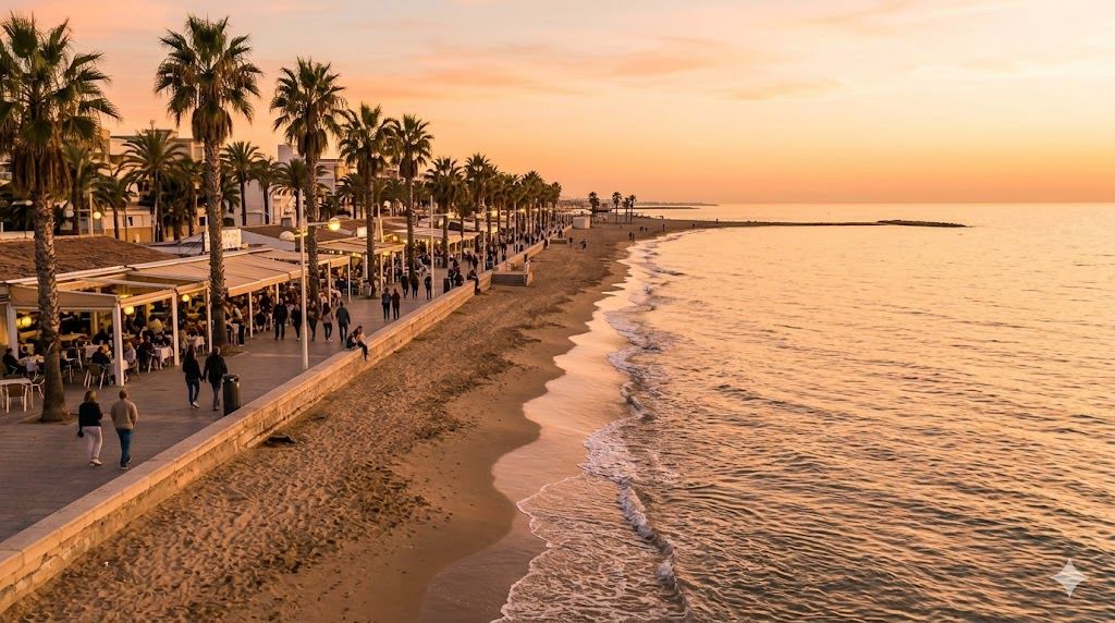 Plaža Malvarrosa u Valensiji — zlatni pesak, šetalište sa palmama, tirkizno Sredozemno more