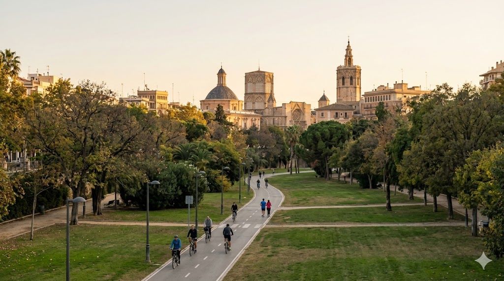 Park Turija u Valensiji — zeleni park u nekadašnjem koritu reke, palme i mostovi