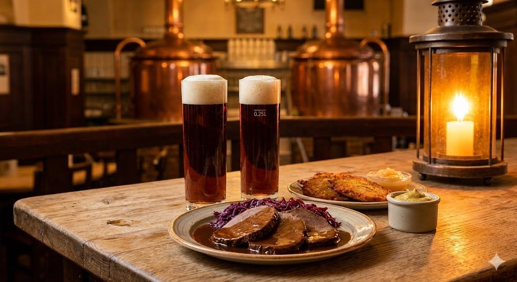 Rajnska kuhinja u Diseldorfu — Altbir, Zauerbraten, Rajbekuhen u tradicionalnoj pivnici