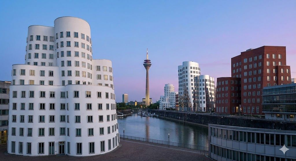 Medijenhafen Diseldorf — Frank Geri valovite zgrade, moderna arhitektura na Rajni